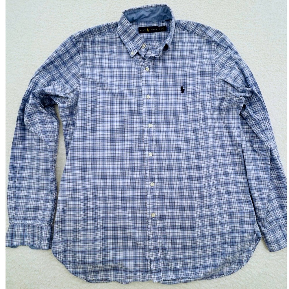 Ralph Lauren Mens Blue Plaid Cotton Button Down Shirt Long Sleeve Medium Preppy